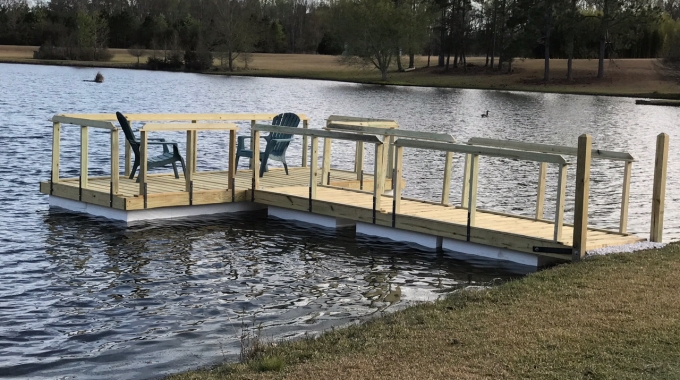Seven blocks of .9 lb Virgin EPS were used to float this dock in Millen, GA